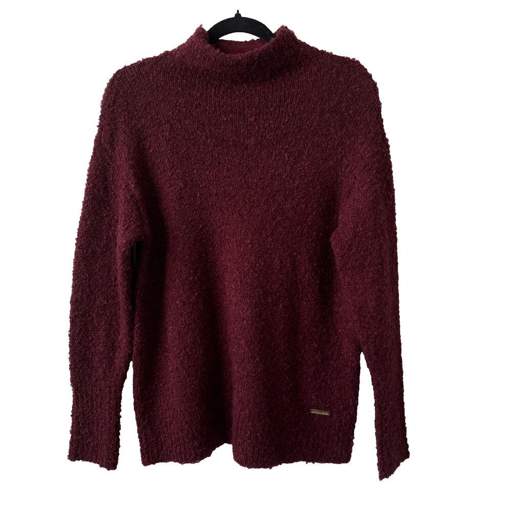 Michael Kors Women’s S Boucle Chunky Knit Wool Blend Mock Neck Sweater Burgundy